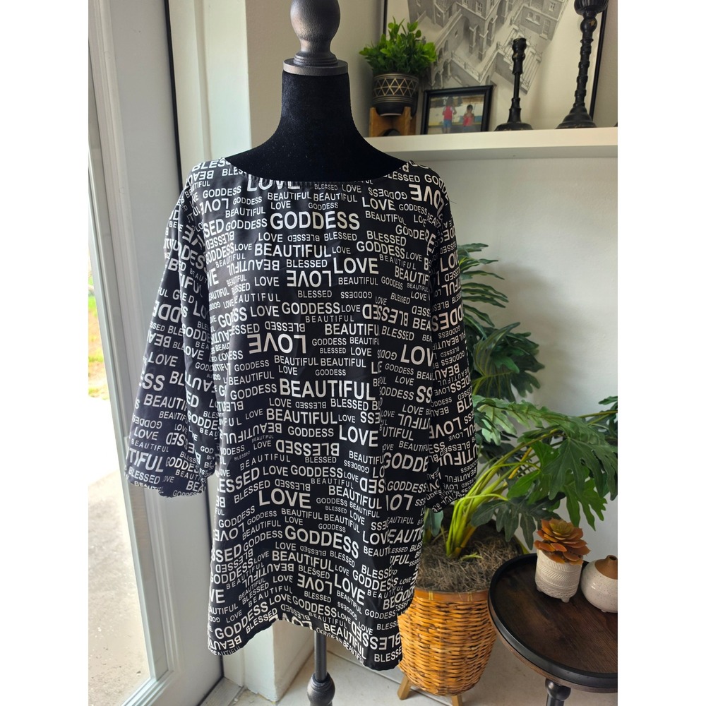 New Glory Womens 2X Tunic Top Black White Goddess Love Typography 3/4 Sleeve